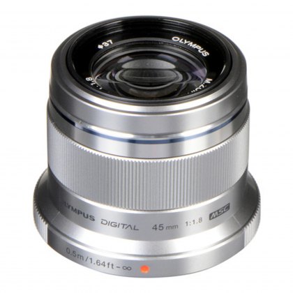 Olympus M.ZUIKO DIGITAL 45mm f1.8 lens, silver