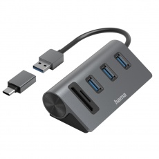 Hama USB Hub/Card Reader with USB-C Adapter, 3x USB-A Ports, SD and microSD slots
